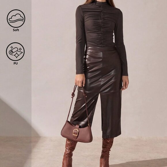 Brown Casual Women's Elegant A-Line Split Hem faux leather Skirt - Picture 3 of 8